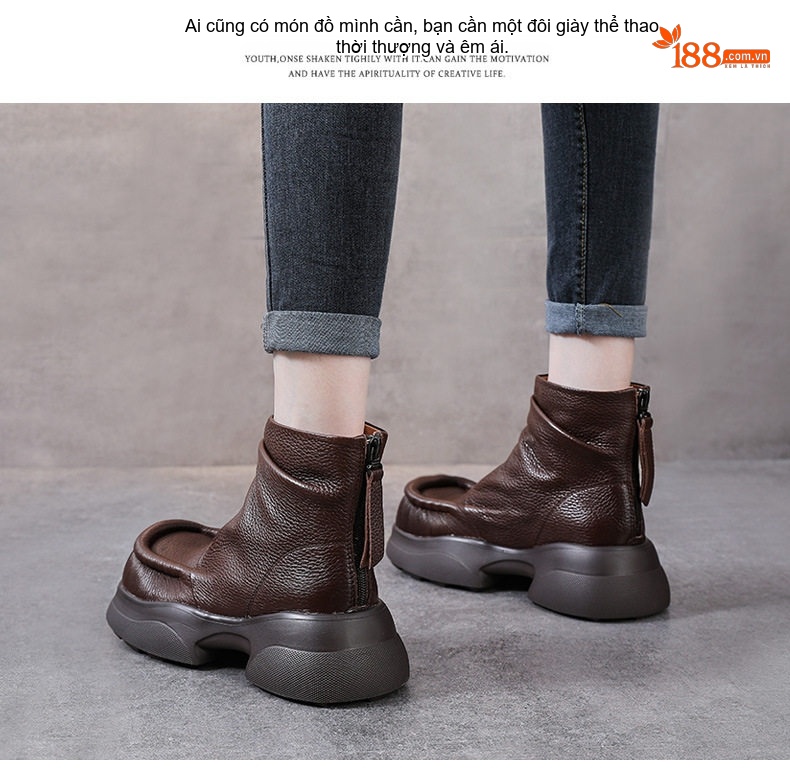 Boot Nữ Da Bò Cổ Ngắn Đế Bánh Mì Chiều Cao Đế Khoảng 5cm Khoá Kéo Sau Màu Đen, Nâu chi tiết 13