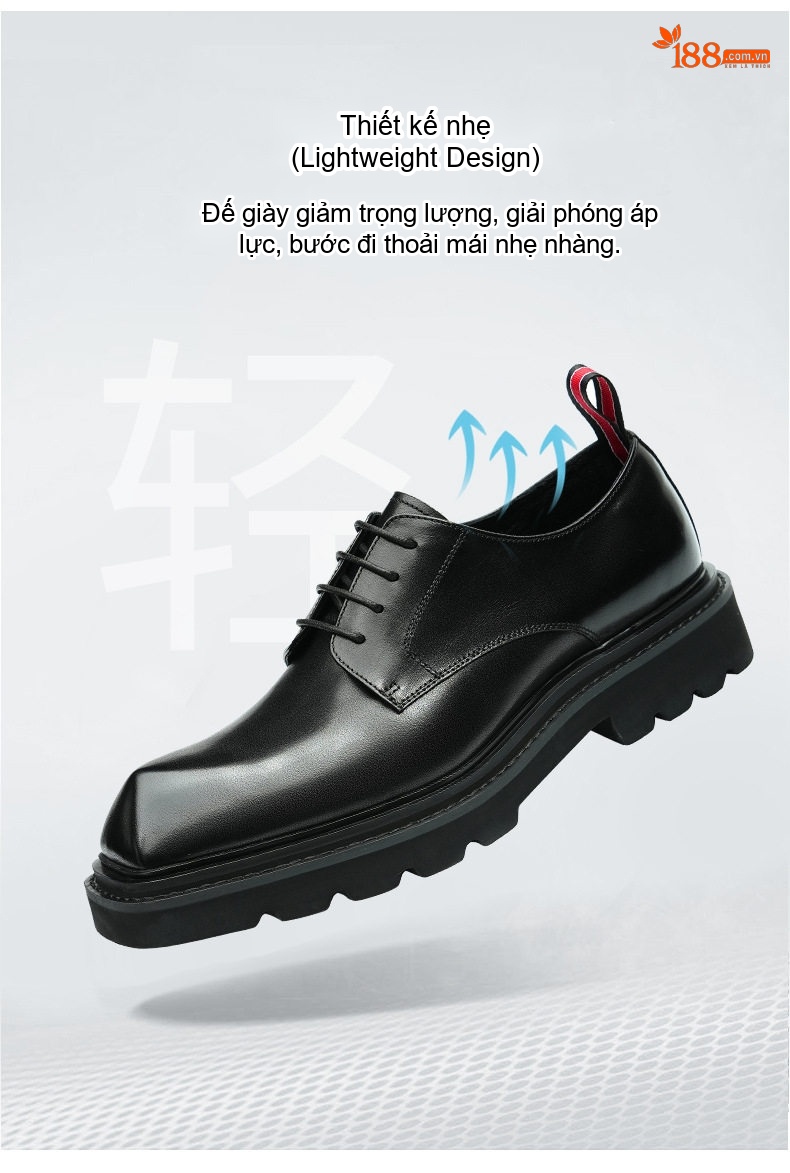 Giày Tây Buộc Dây Nam Da Thật Chiều Cao Đế Khoảng 4cm Phong Cách Anh Quốc Màu Đen, Nâu chi tiết 3