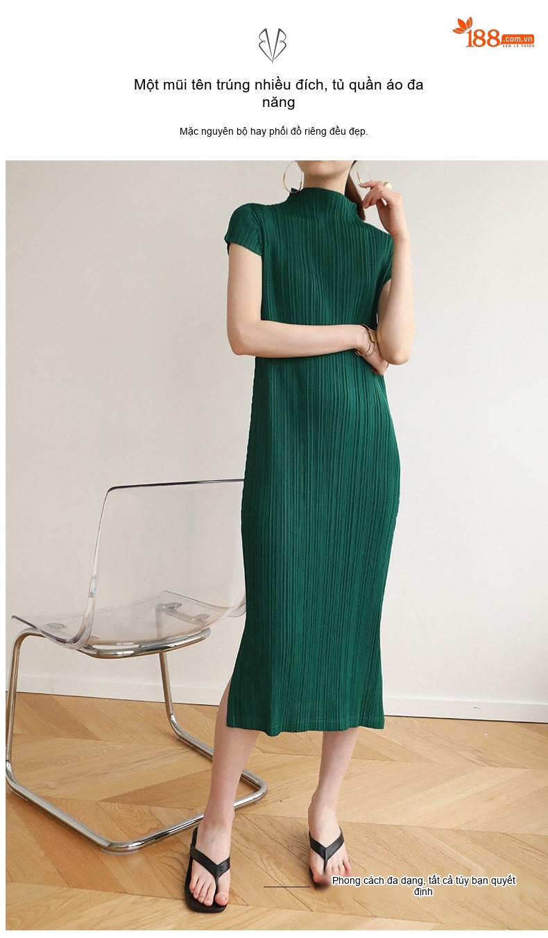 Váy Suông Nữ Pleats Dáng Dài Cổ Lọ Xẻ Tà Thiết Kế Thời Trang Màu Be, Xám, Đen, Xanh... chi tiết 4