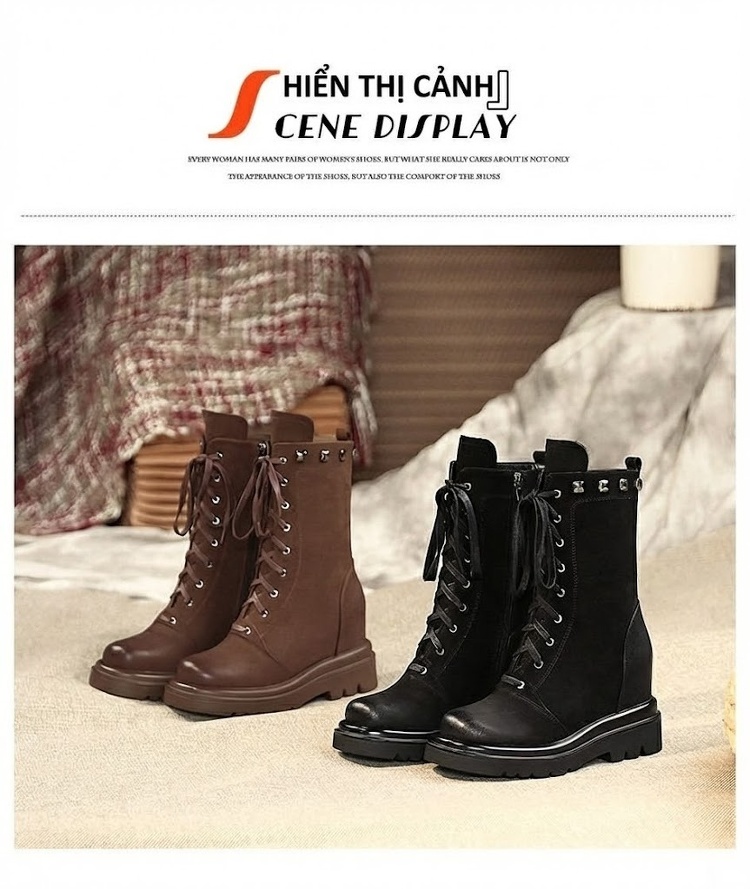 Boot Nữ Cổ Ngắn Đế Xuồng Dây Buộc Phong Cách Anh Quốc Chiều Cao Đế 10cm Màu Nâu, Đen chi tiết 1