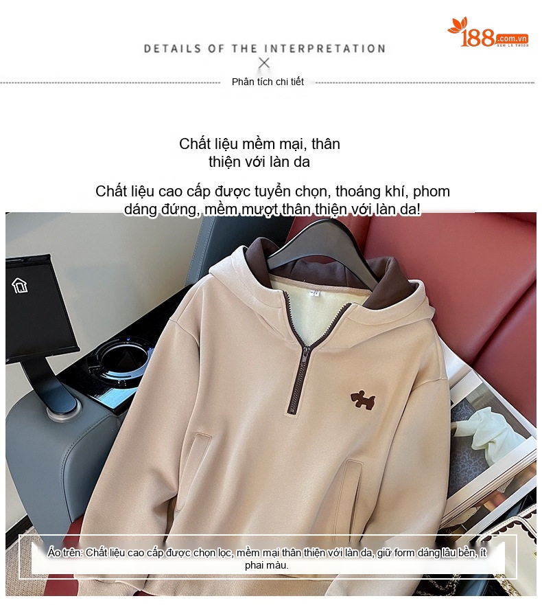 Bộ Đồ Thu Đông Nữ Áo Hoodie Quần Ống Rộng Phong Cách Hàn Quốc Màu Nâu, Be chi tiết 6