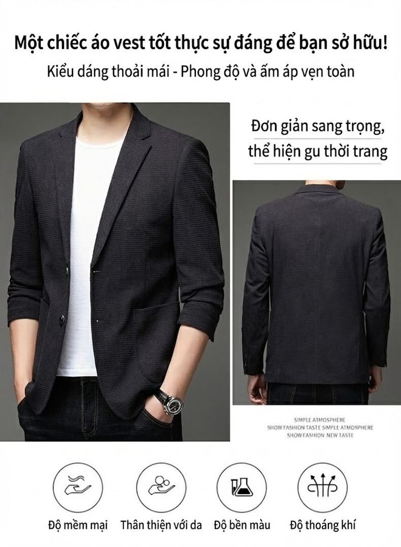 Áo Vest Nam Họa Tiết Waffle Phong Cách Lịch Lãm Màu Xanh Navy, Xám, Xanh Rêu, Nâu chi tiết 2