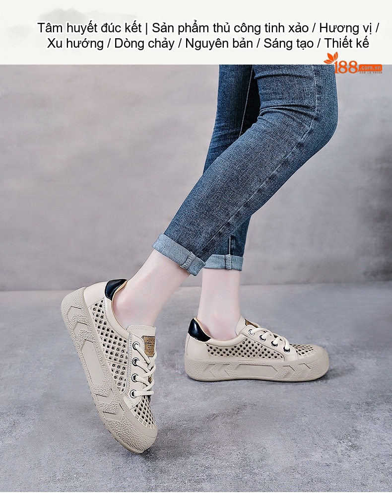 Giày Búp Bê Nữ Da Bò Lỗ Thoáng Khí Đế Bằng Đế Cao 3cm - 4cm Màu Kem, Hồng chi tiết 1
