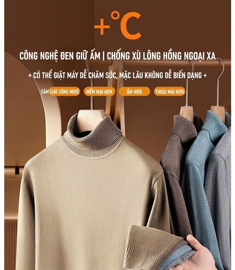 Áo Len Cổ Lọ Nam Dệt Kim Giữ Ấm Dày Dặn Màu Xanh Lam, Xanh Navy, Đỏ Rượu Vang, Kem... chi tiết 1