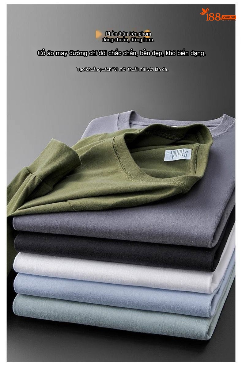 Áo Thun Tay Dài Nam Cotton 270g Cổ Tròn Dáng Rộng Màu Xám, Trắng, Đen, Xanh... chi tiết 4