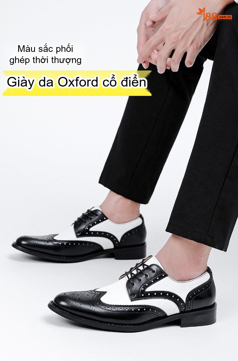 Giày Tây Buộc Dây Nam Da Thật Brogue Phối Màu Chiều Cao Đế Khoảng 3cm Màu Đen, Trắng, Nâu chi tiết 1
