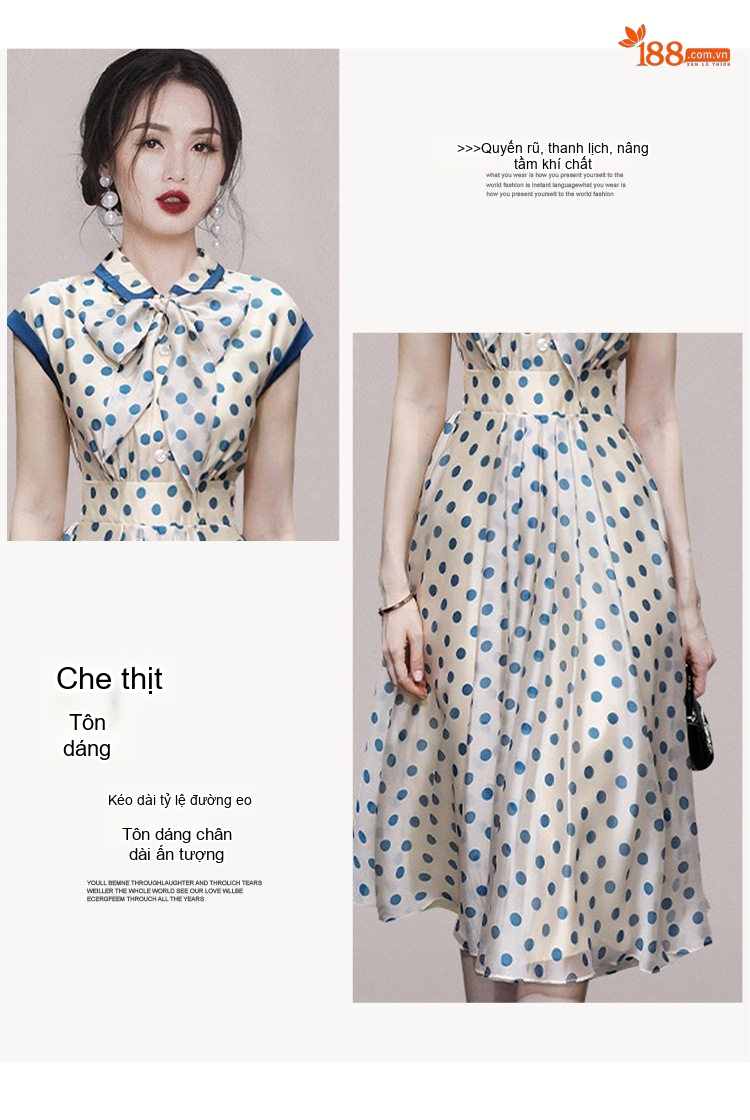 Váy Suông Nữ Cổ Búp Bê Họa Tiết Chấm Bi Thắt Nơ Kiểu Retro chi tiết 2
