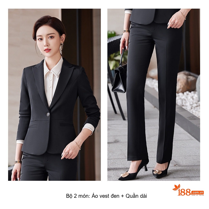 Bộ Vest Công Sở Nữ Dáng Ôm Thanh Lịch Màu Đen, Xanh Navy