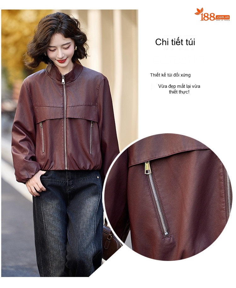 Áo Khoác Bomber Nữ Da Bóng Dáng Ôm Thời Trang Màu Đen, Nâu chi tiết 9
