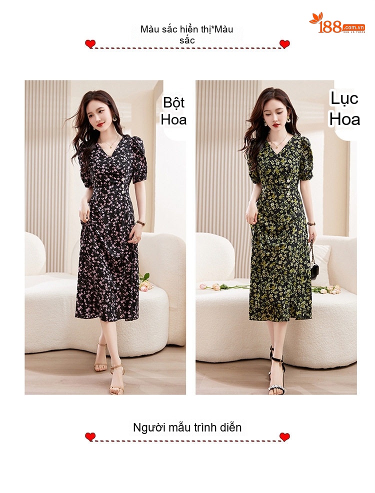 Váy liền thân Nữ Cổ chữ V tay bồng họa tiết hoa nhí dáng dài thanh lịch Màu Đen, Xanh chi tiết 10