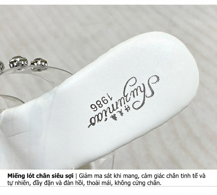 Dép Cao Gót Nữ Quai Trong Suốt Đính Đá Chiều Cao Đế Khoảng 11cm Da Bóng Màu Trắng, Bạc chi tiết 4