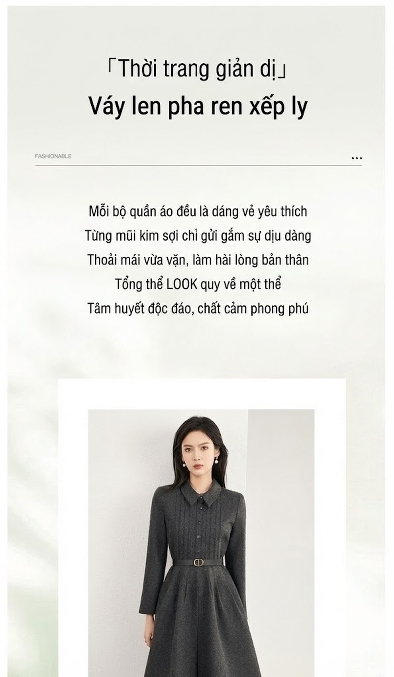 Váy liền thân Nữ Dáng Xòe Thu Đông Chất Liệu Len Lông Cừu Họa Tiết Xương Cá Eo Ôm Phong Cách Pháp Màu Xám chi tiết 2