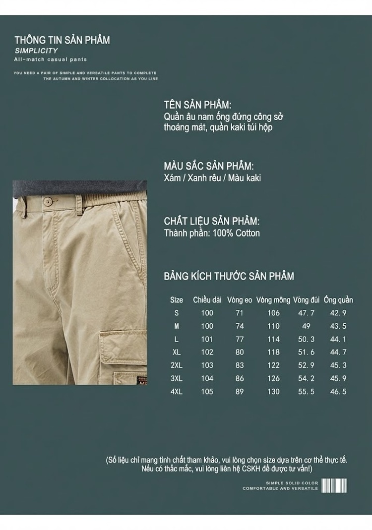 Quần Dài Nam Ống Rộng Nhiều Túi Phong Cách Retro Màu Xám, Nâu, Xanh Rêu chi tiết 2