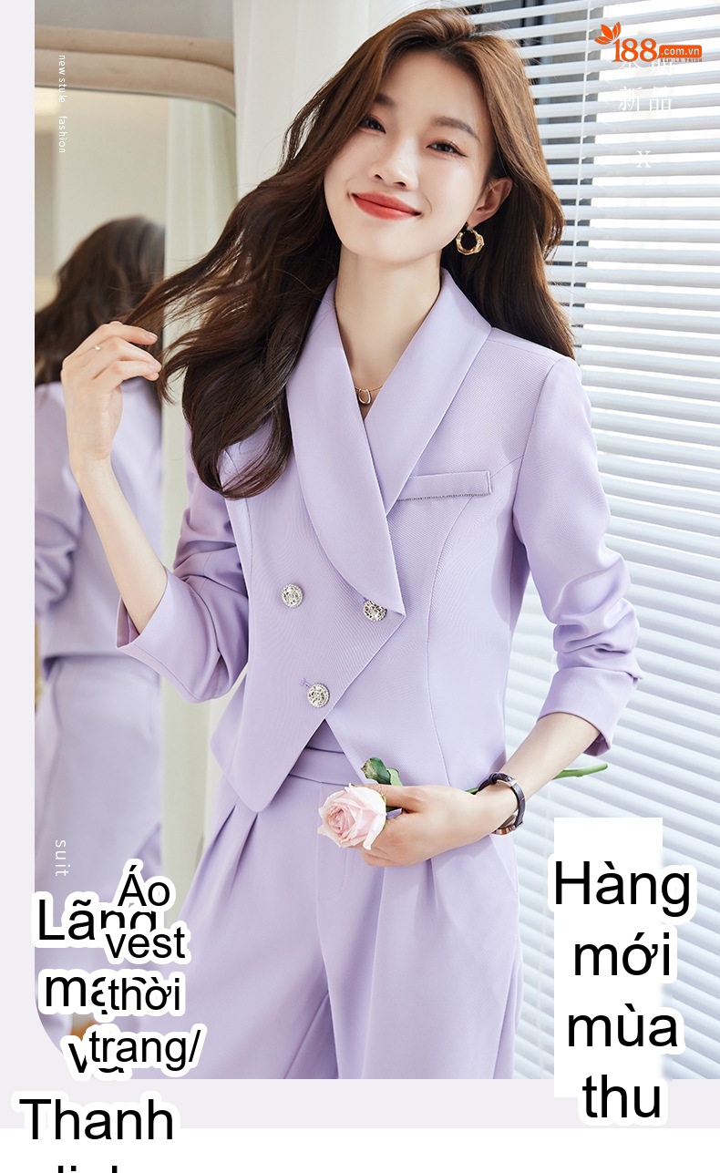 Bộ Vest Nữ Quần Ống Rộng Công Sở Cao Cấp Màu Đen, Tím, Cam, Xanh Lá chi tiết 2