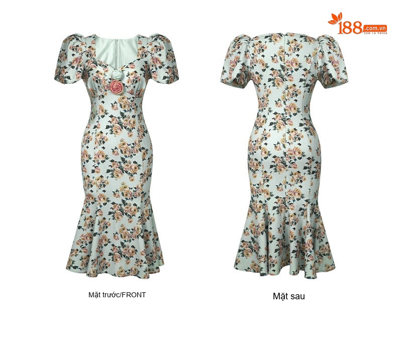 Váy liền thân Nữ Tay Bồng Cổ chữ Vuông Dáng Ôm In Hoa Hồng Phong Cách Pháp Cổ Điển Màu Xanh Mint chi tiết 5