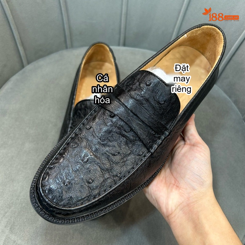 Giày Lười Nam Da Đà Điểu Chiều Cao Đế Khoảng 3cm Màu Đen chi tiết 6