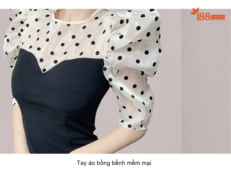 Váy Ôm Body Nữ Tay Bồng Họa Tiết Chấm Bi Cổ Tròn Màu Đen chi tiết 15