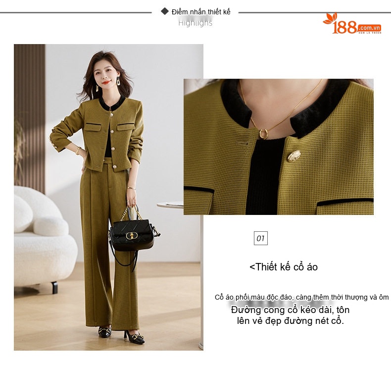 Bộ Vest Nữ Quần Ống Rộng Công Sở Thanh Lịch Màu Đen, Xanh Rêu, Nâu chi tiết 5