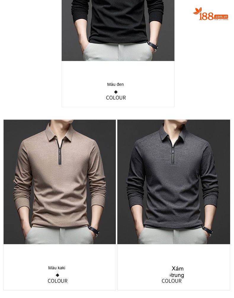 Áo Polo Nam Dài Tay Khóa Kéo Chất Liệu Cotton, Lụa Tằm, Len Lông Cừu Phong Cách Tối Giản Màu Xanh Navy, Nâu, Xám, Đen... chi tiết 10