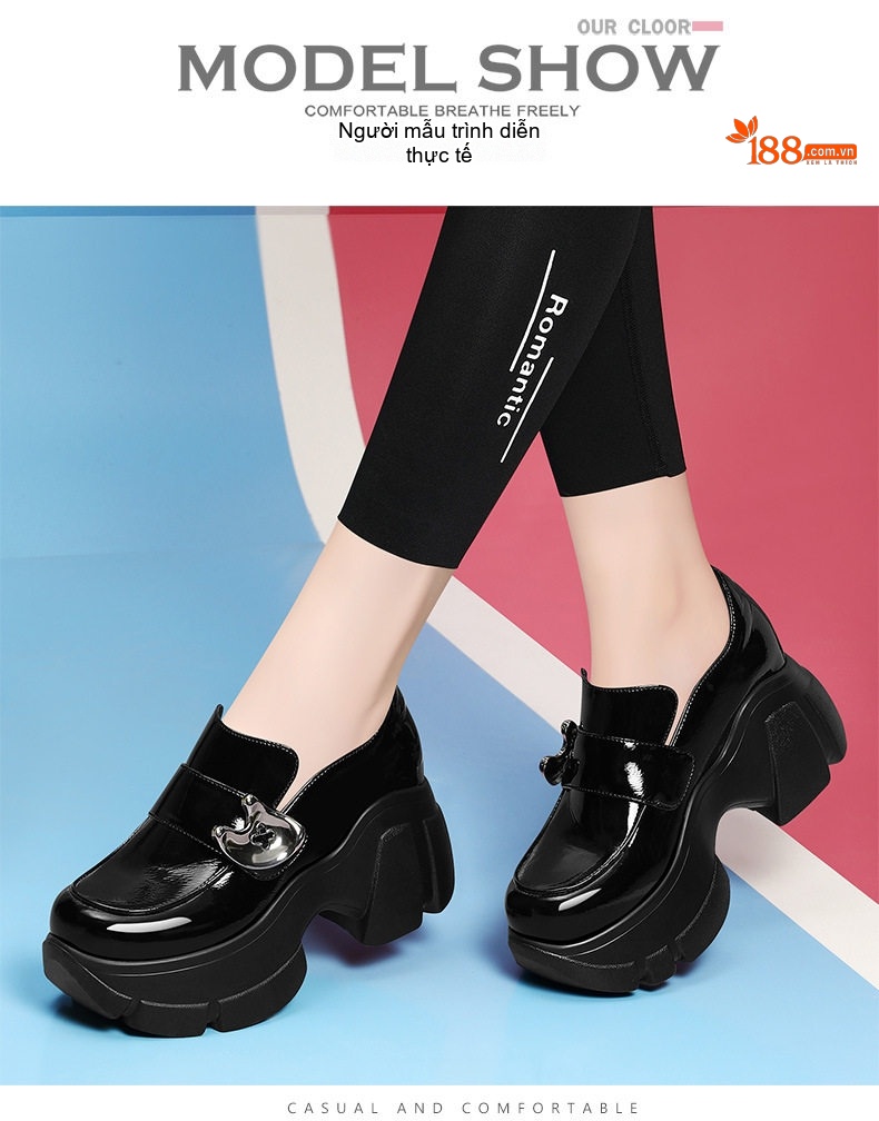 Giày Loafer Nữ Da Bóng Chiều Cao Đế 8cm Tăng Chiều Cao Màu Đen, Kem chi tiết 5