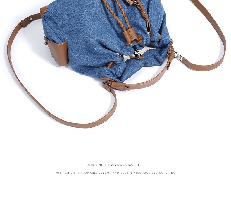 Balo Nữ Vải Canvas Kiểu Dáng Rút Dây Đeo Vai Thiết Kế Vintage Sức Chứa Lớn Màu Xanh Dương, Xanh Đậm chi tiết 9