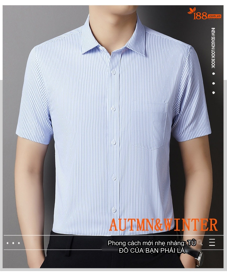 Áo Sơ Mi Nam Cotton Tơ Lụa Tay Ngắn Dáng Rộng Thoải Mái Màu Xanh Sọc chi tiết 1
