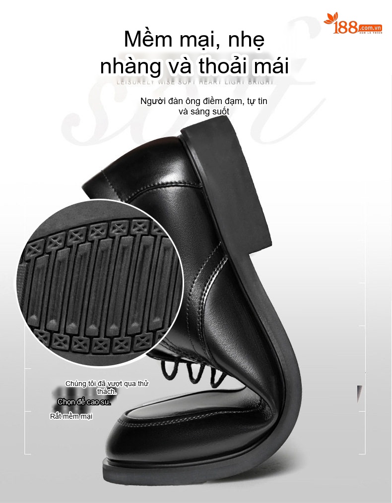 Giày Tây Buộc Dây Nam Da Bóng Chiều Cao Đế Khoảng 3cm Màu Đen, Nâu chi tiết 5