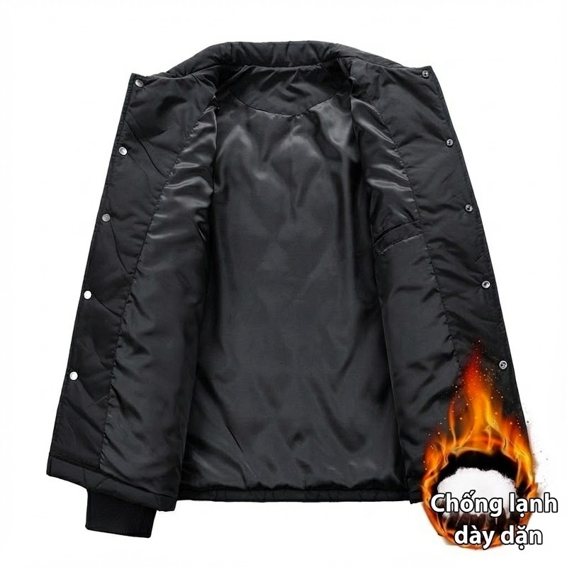Áo Khoác Bông Nam Cổ Bẻ Họa Tiết Trám Thêu Chữ Phong Cách Casual Màu Đen, Trắng Kem