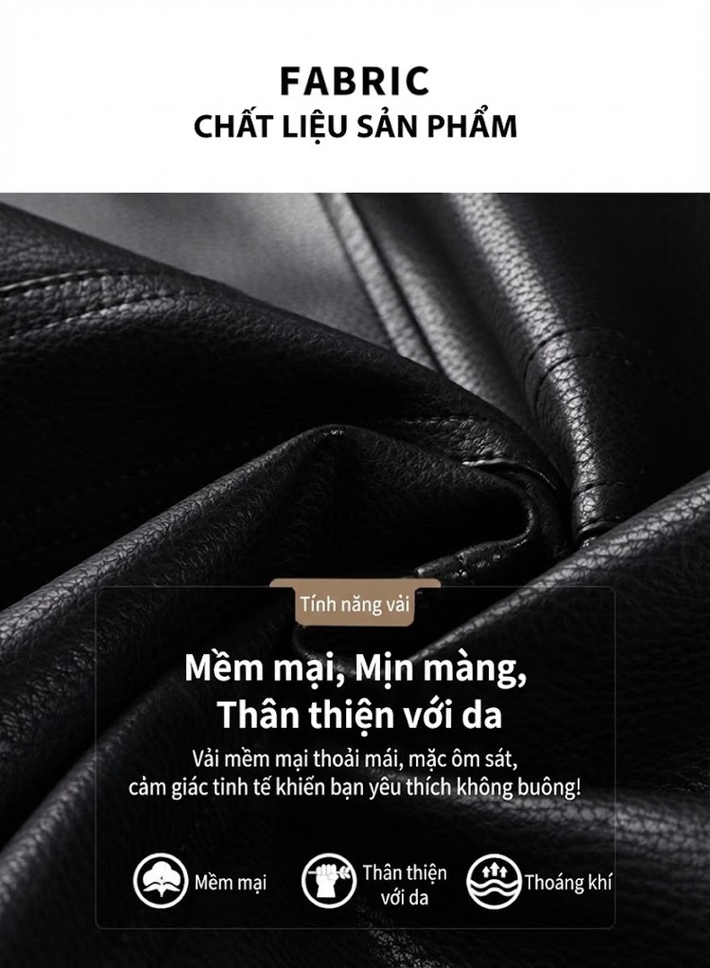 Áo Khoác Da Nam Dáng Dài Lót Lông Cừu Giả Cổ Điển Màu Đen chi tiết 3