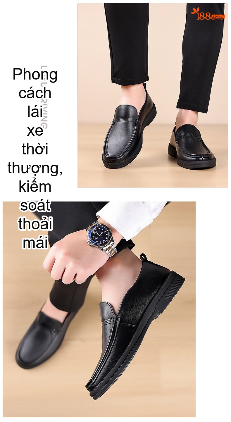 Giày Lười Nam Da Bò Công Sở Thoải Mái Chiều Cao Đế Khoảng 3cm Màu Đen chi tiết 12