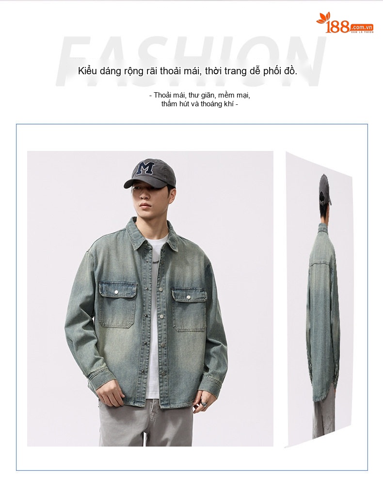 Áo Sơ Mi/Áo Khoác Jean Nam Cổ Bẻ Tay Dài Phong Cách Retro Màu Xanh Jean chi tiết 3