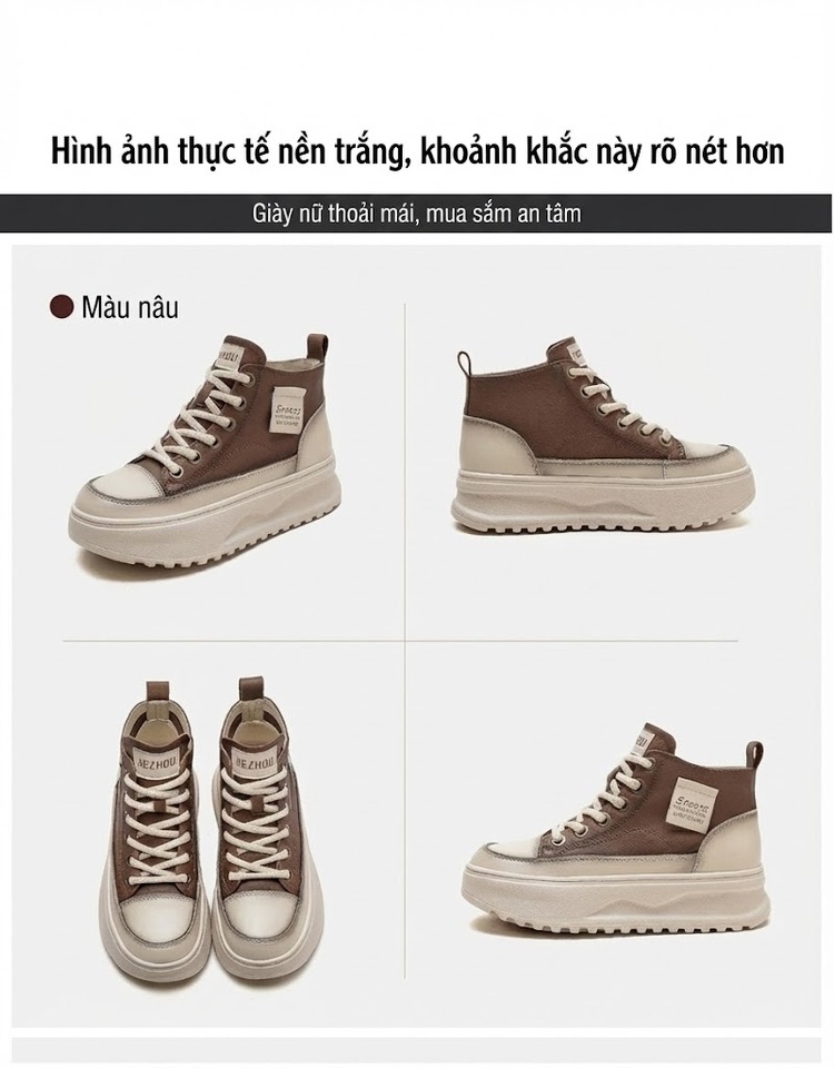 Giày Cao Cổ Nữ Da Bò Thật Buộc Dây Chiều Cao Đế Khoảng 5cm Màu Nâu, Trắng chi tiết 17