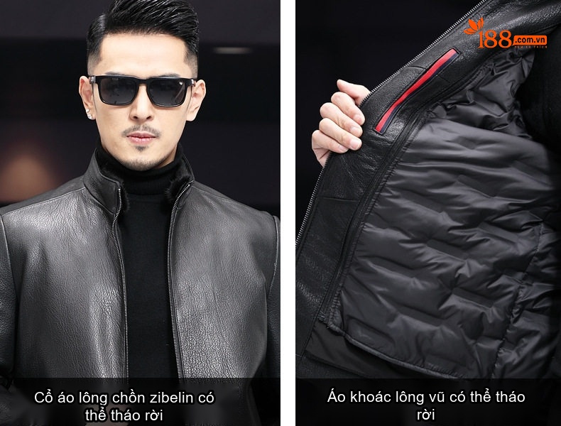 Áo Khoác Da Thật Da Dê Nam Lót Lông Vũ Cổ Lông Chồn Màu Đen chi tiết 14