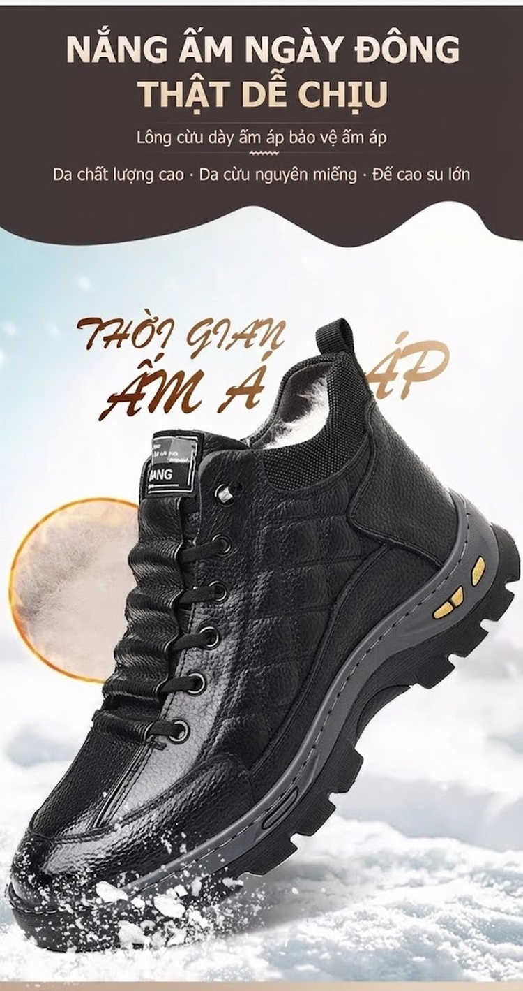 Giày Boot Nam Da Bóng Cao Cổ Lót Lông Chiều Cao Đế Khoảng 4cm Màu Đen chi tiết 3