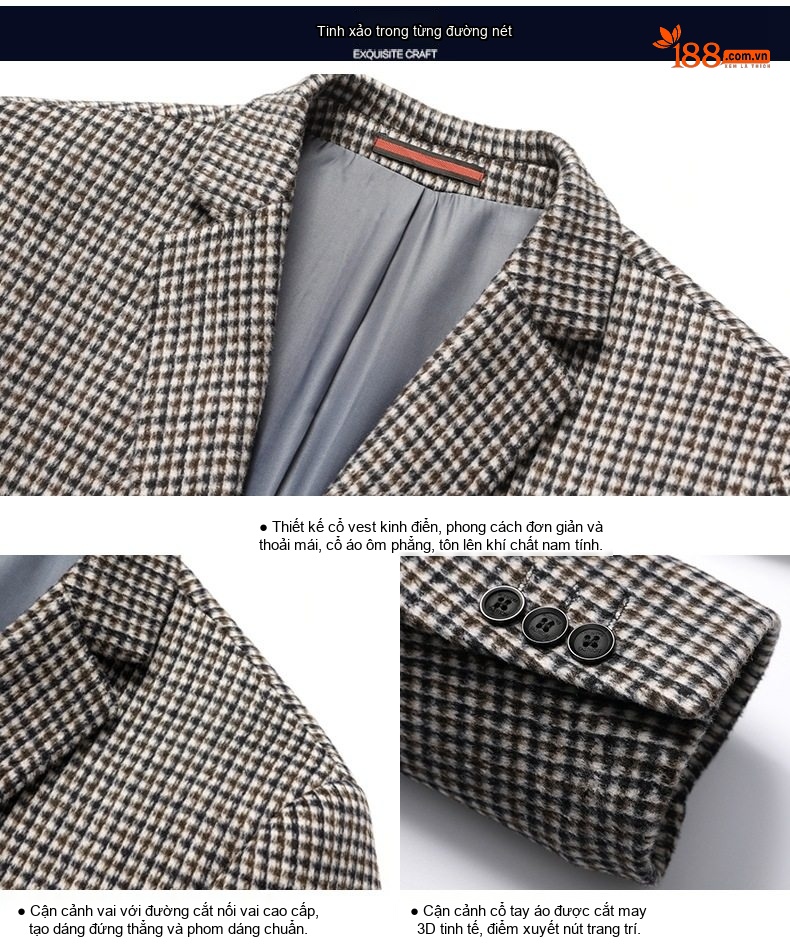 Áo Vest Nam Wool Kẻ Houndstooth Dáng Ôm Phong Cách Hàn Quốc chi tiết 4