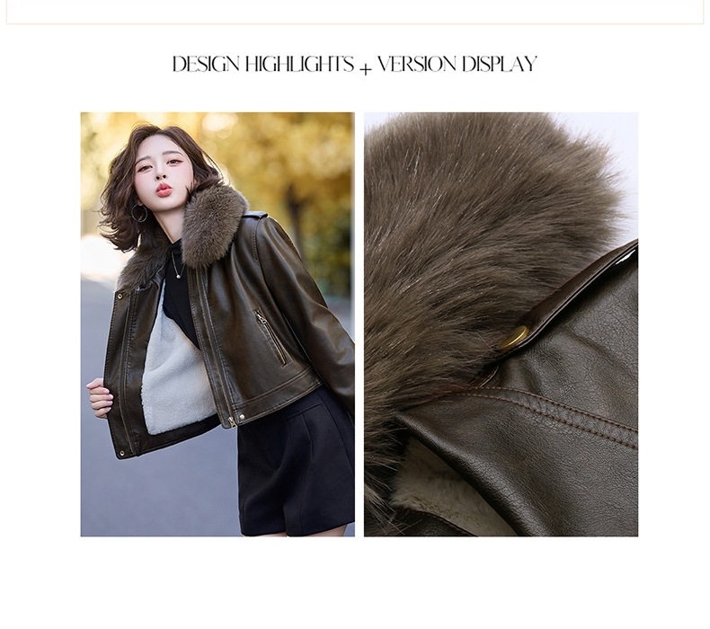 Áo Khoác Da PU Nữ Cổ Lông Dày Dặn Kiểu Bomber Màu Nâu, Trắng chi tiết 6