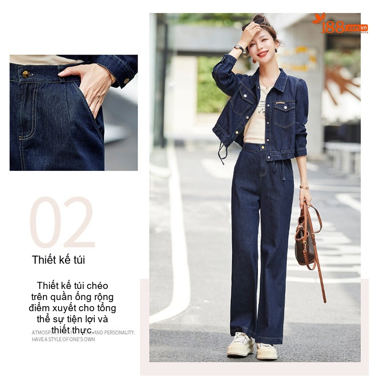 Bộ Quần Áo Nữ Áo Khoác Quần Dài Vải Denim Phong Cách Hàn Quốc Thanh Lịch Màu Xanh Denim chi tiết 4