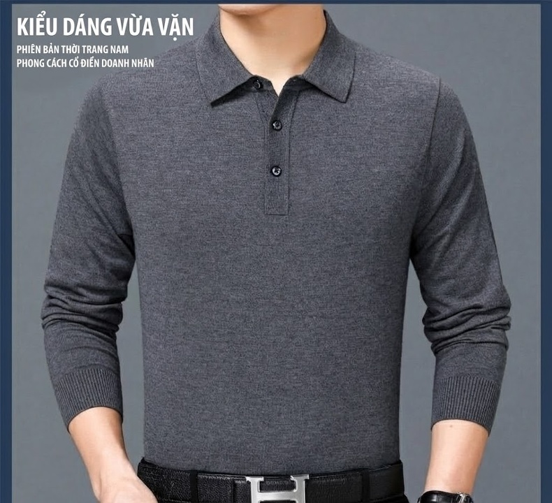 Áo Thun Polo Nam Dài Tay Cashmere Dáng Ôm Vừa Vặn Màu Đen, Đỏ, Xanh Dương, Xám... chi tiết 6