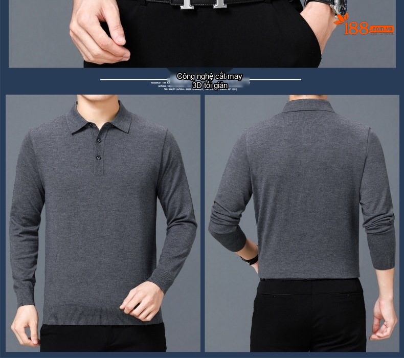 Áo Thun Polo Nam Dài Tay Cashmere Dáng Ôm Vừa Vặn Màu Đen, Đỏ, Xanh Dương, Xám... chi tiết 7