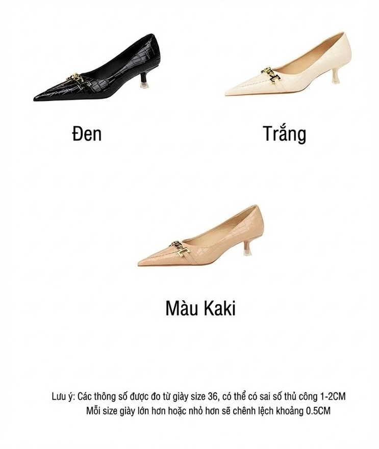 Giày Cao Gót Nữ Da Bóng Mũi Nhọn Trang Trí Xích Kim Loại Chiều Cao Đế Khoảng 3cm Màu Be, Trắng, Đen chi tiết 3