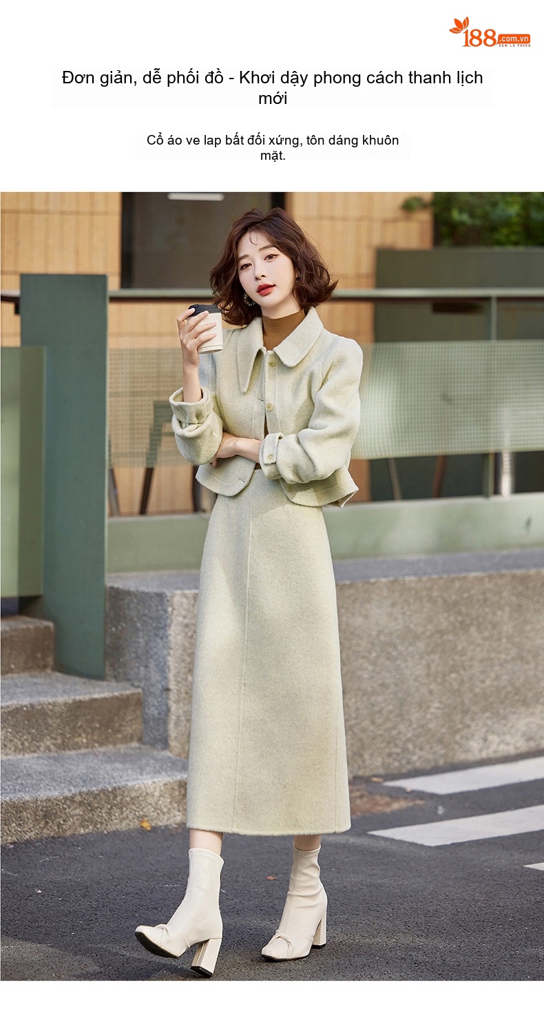 Set Áo Khoác Lửng Nữ và Chân Váy Bút Chì Vải Lông Cừu Hai Mặt Phong Cách Hàn Quốc Màu Nâu, Xám, Kem chi tiết 7