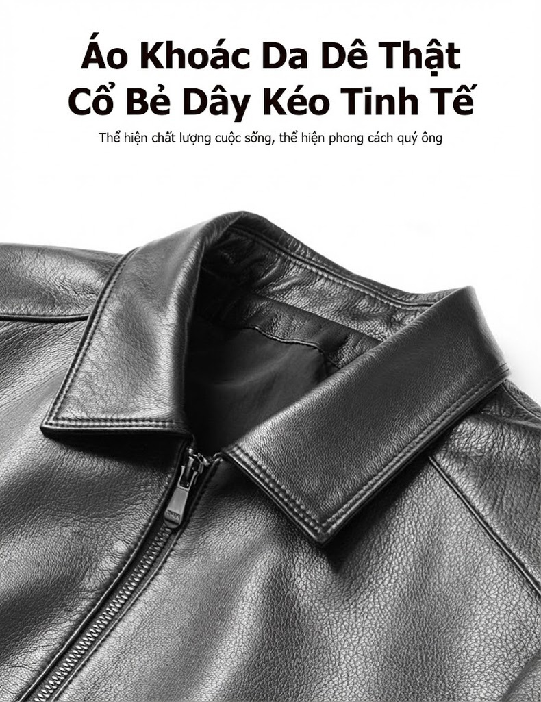 Áo Khoác Da Thật Nam Da Dê Cổ Bẻ Lịch Lãm Phong Cách Doanh Nhân Màu Đen chi tiết 4