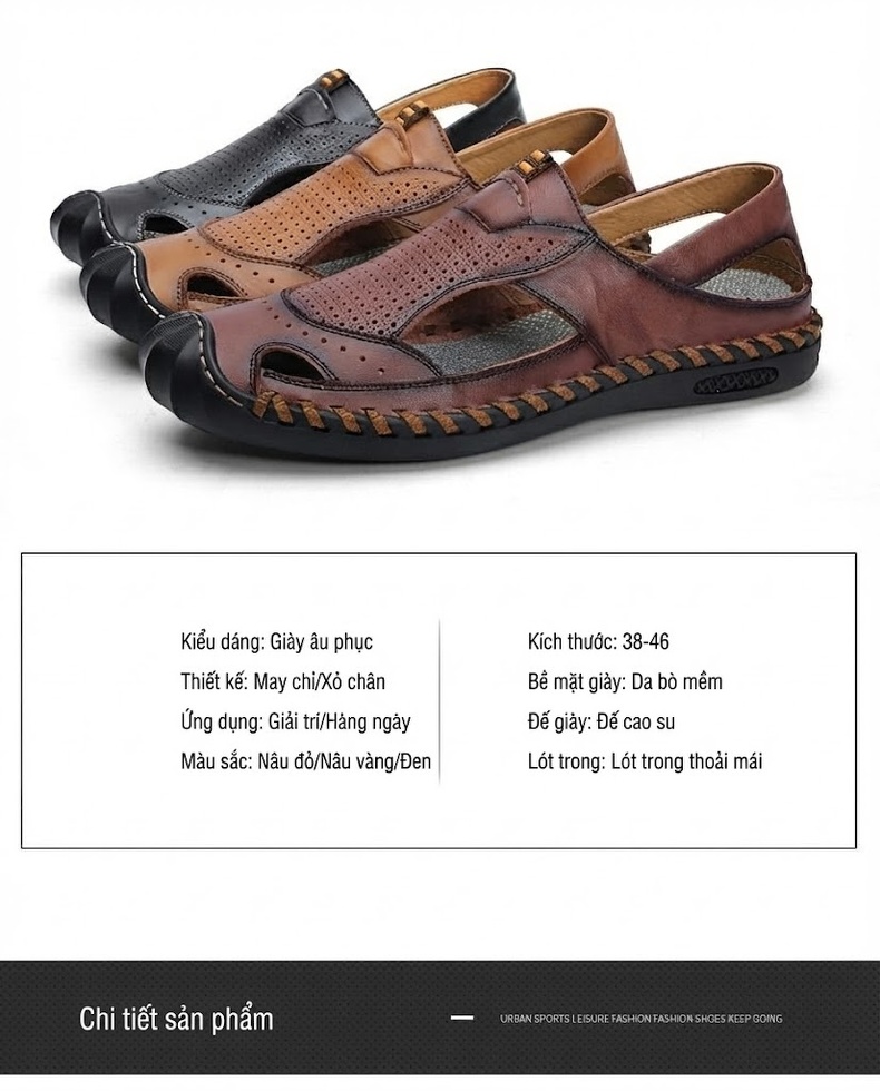 Dép Sandal Nam Da Bóng Mềm Mại Thoáng Khí Chống Trượt Đế Cao 2cm chi tiết 4