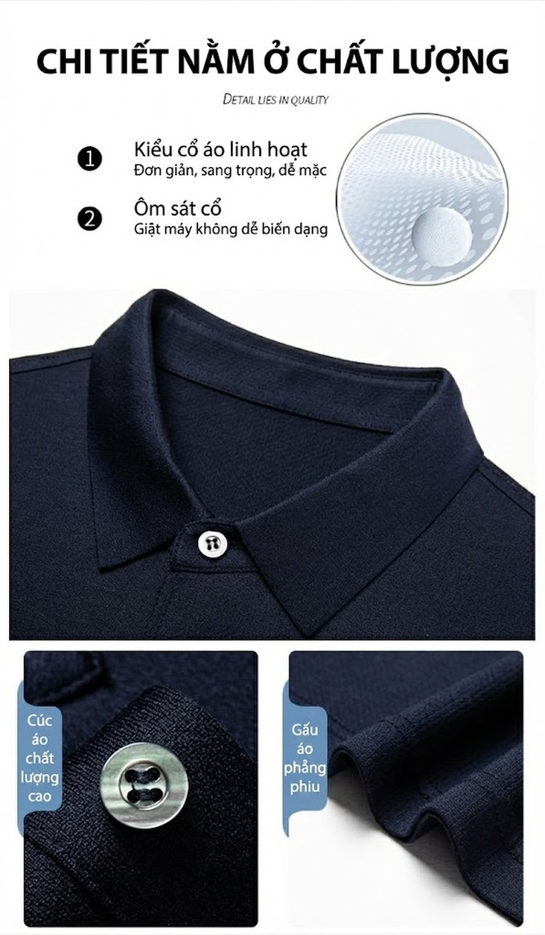 Áo Polo Nam Tay Ngắn Lụa Tằm Màu Trắng, Xanh Navy, Xám, Nâu chi tiết 4