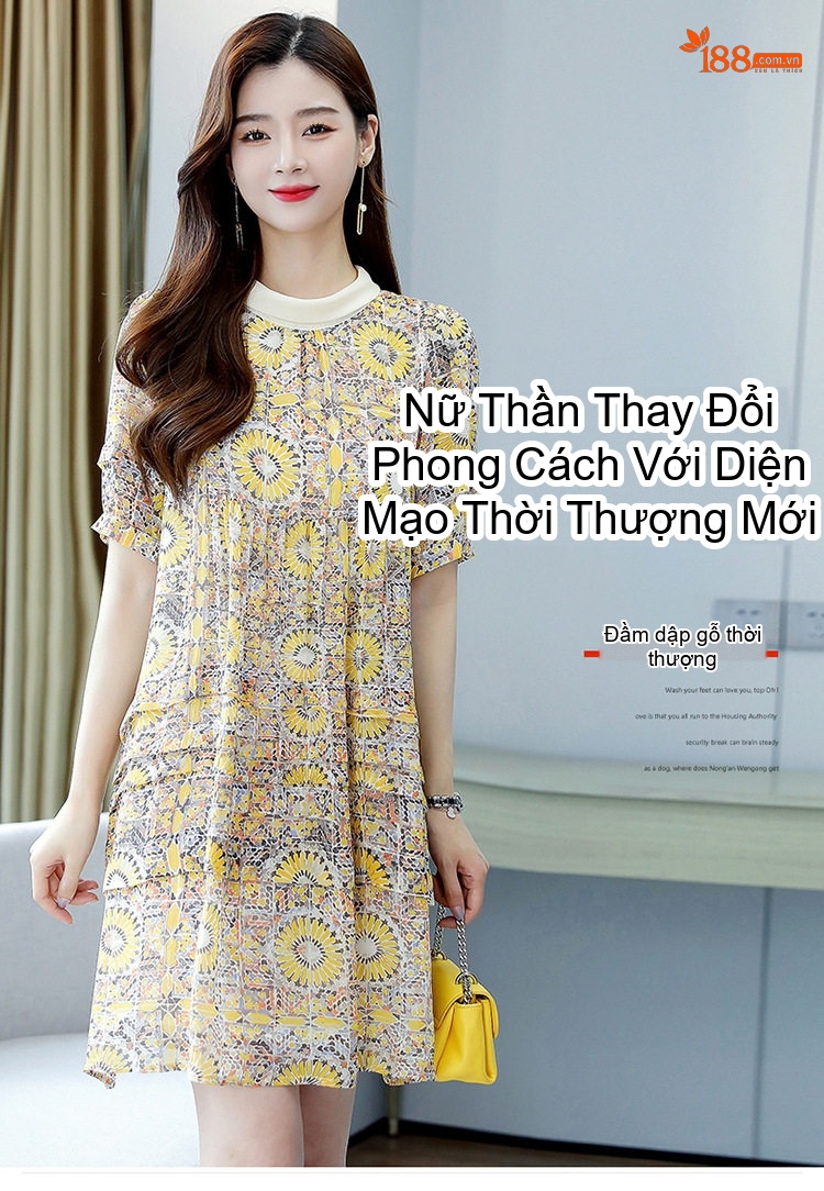 Váy Suông Nữ Mùa Hè Họa Tiết Hoa Nhỏ Dáng Rộng Che Khuyết Điểm Chất Liệu Voan Màu Vàng, Trắng chi tiết 1