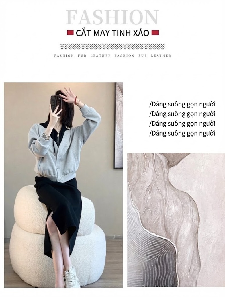 Set Bộ Nữ Áo Hoodie Giả Hai Lớp và Chân Váy Dáng Ôm Năng Động Màu Hồng, Xám, Đen chi tiết 2