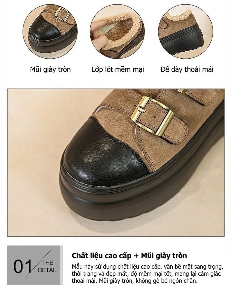Giày Búp Bê Nữ Da Mờ Quai Dán Chiều Cao Đế 8cm Lót Lông Màu Đen, Nâu chi tiết 10