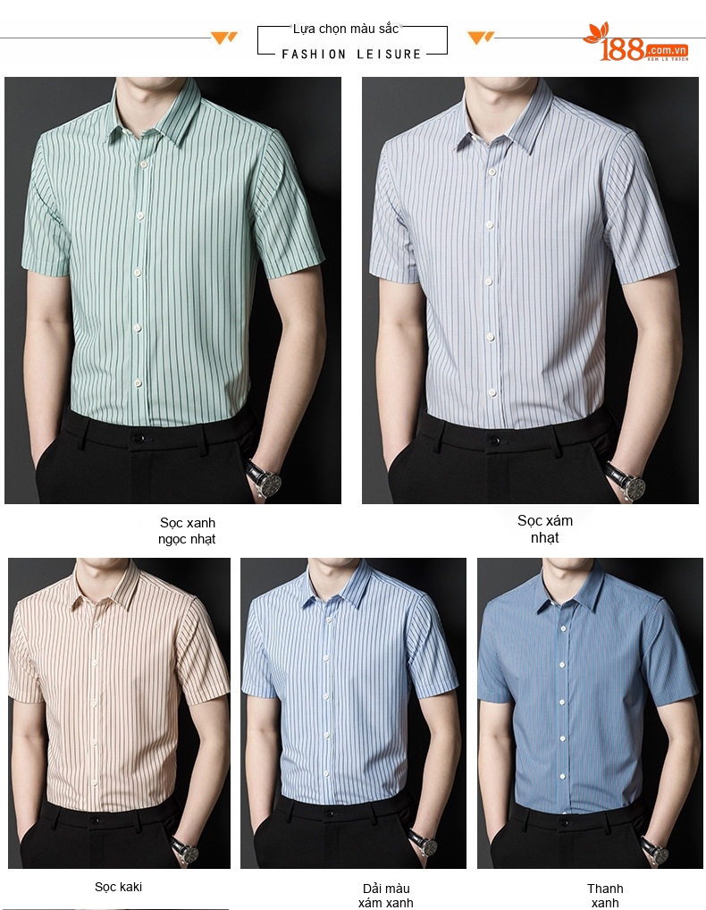 Áo Sơ Mi Nam Cotton Sọc Ngắn Tay Form Rộng Chống Nhăn Màu Be, Xanh Dương, Xanh Lá, Xám... chi tiết 6