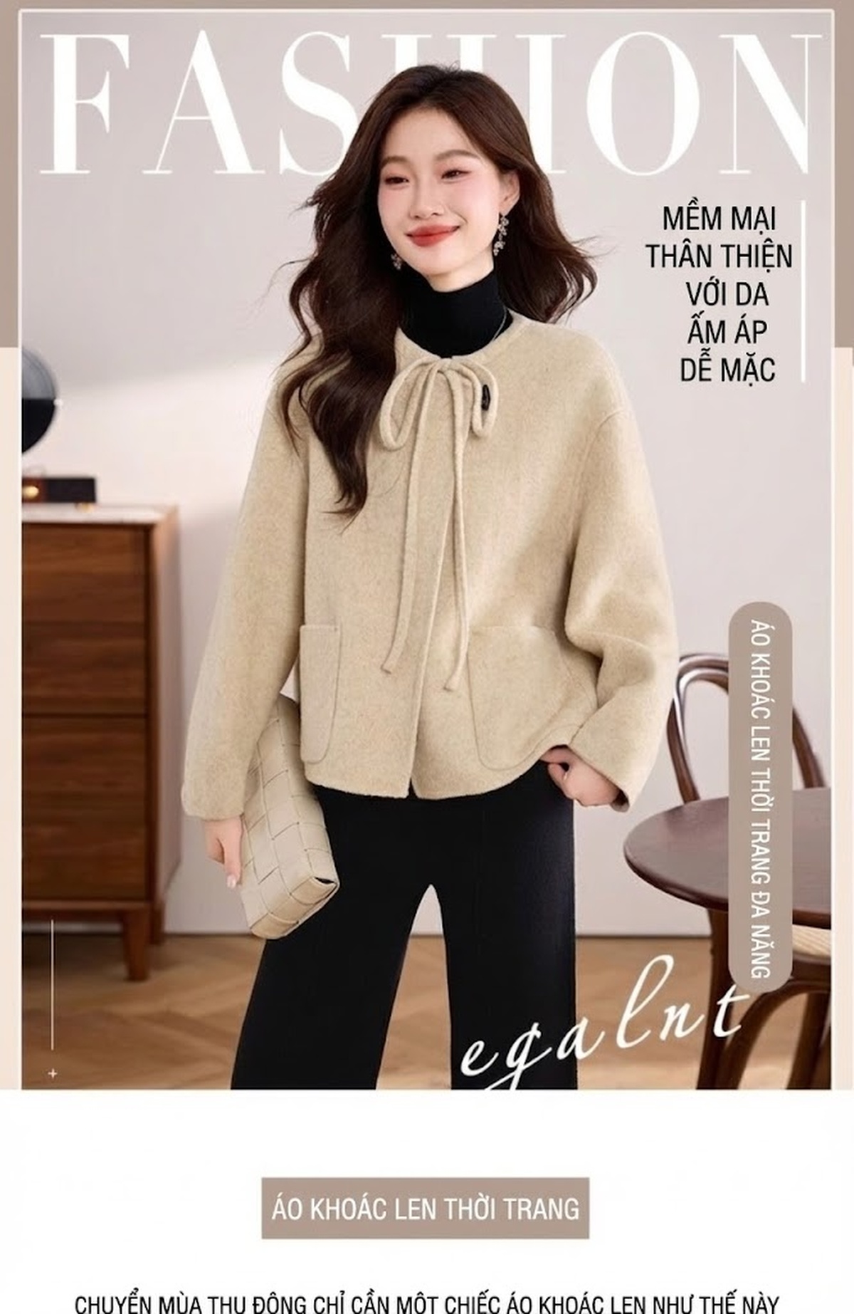 Áo Khoác Dạ Nữ Hai Mặt Phong Cách Tiểu Thư Thanh Lịch Màu Be, Đen chi tiết 2