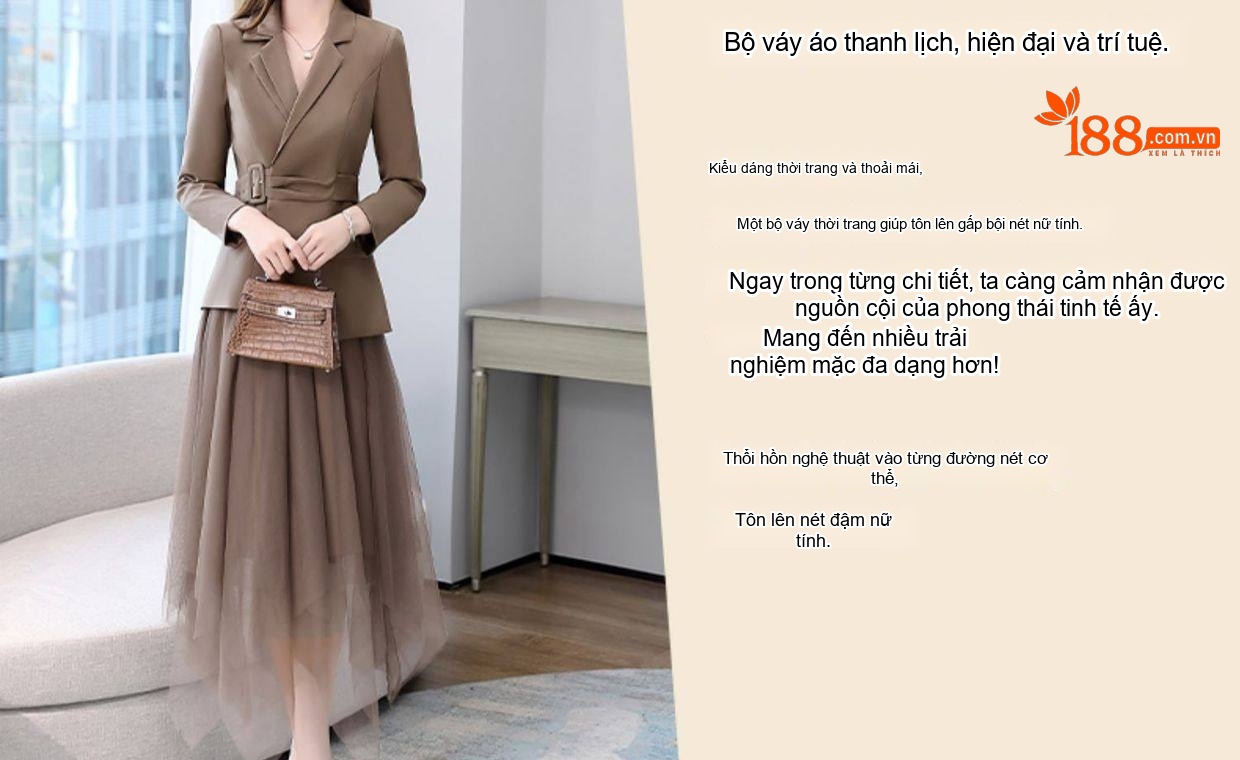 Set Áo Vest Blazer Tay Lỡ Và Chân Váy Voan Xòe Dáng Dài Thanh Lịch Màu Đỏ Tía, Xanh Navy, Nâu, Đen... chi tiết 4
